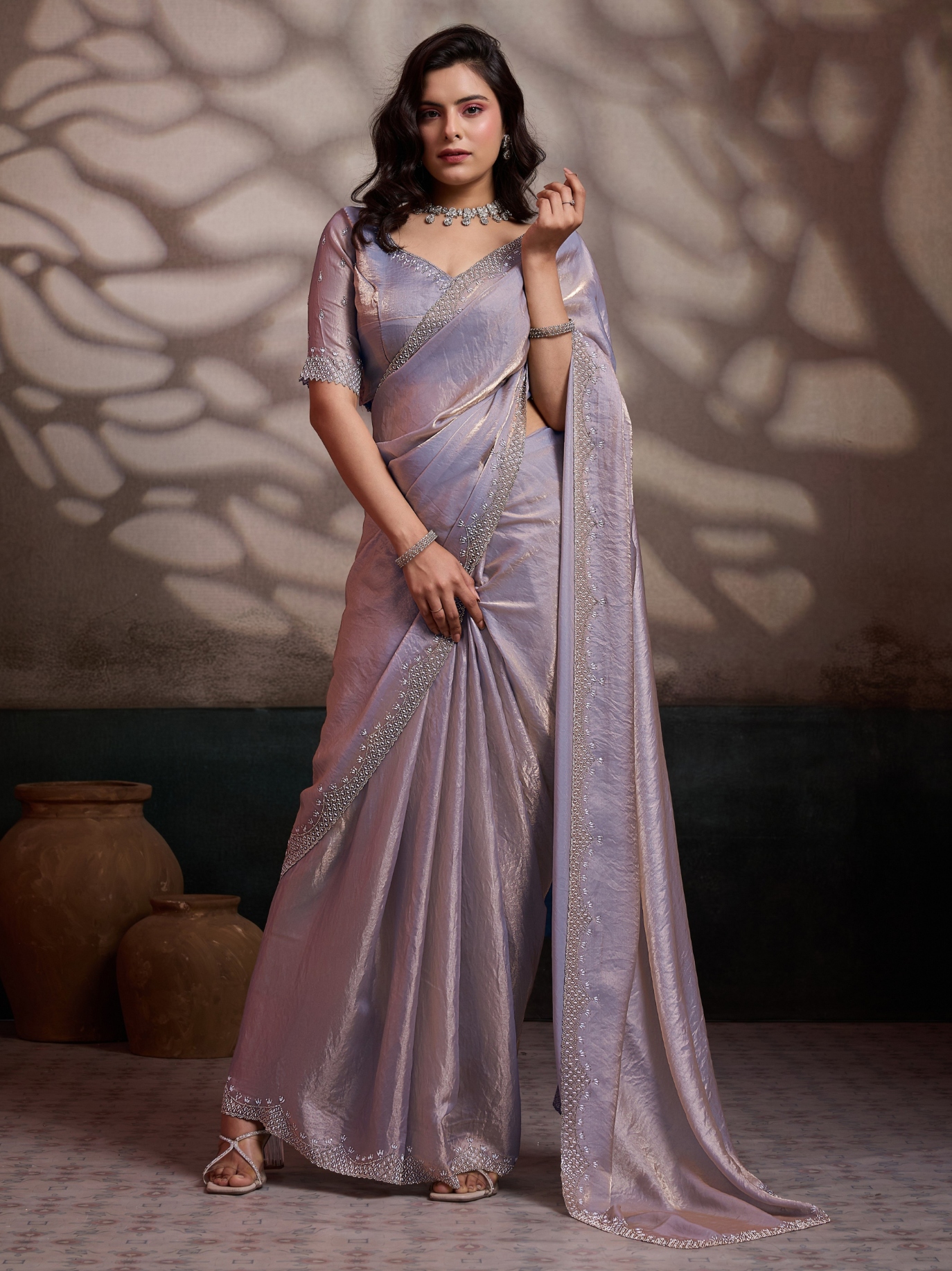 Light Mauve Cutdana Zarkan Velvet Satin Saree