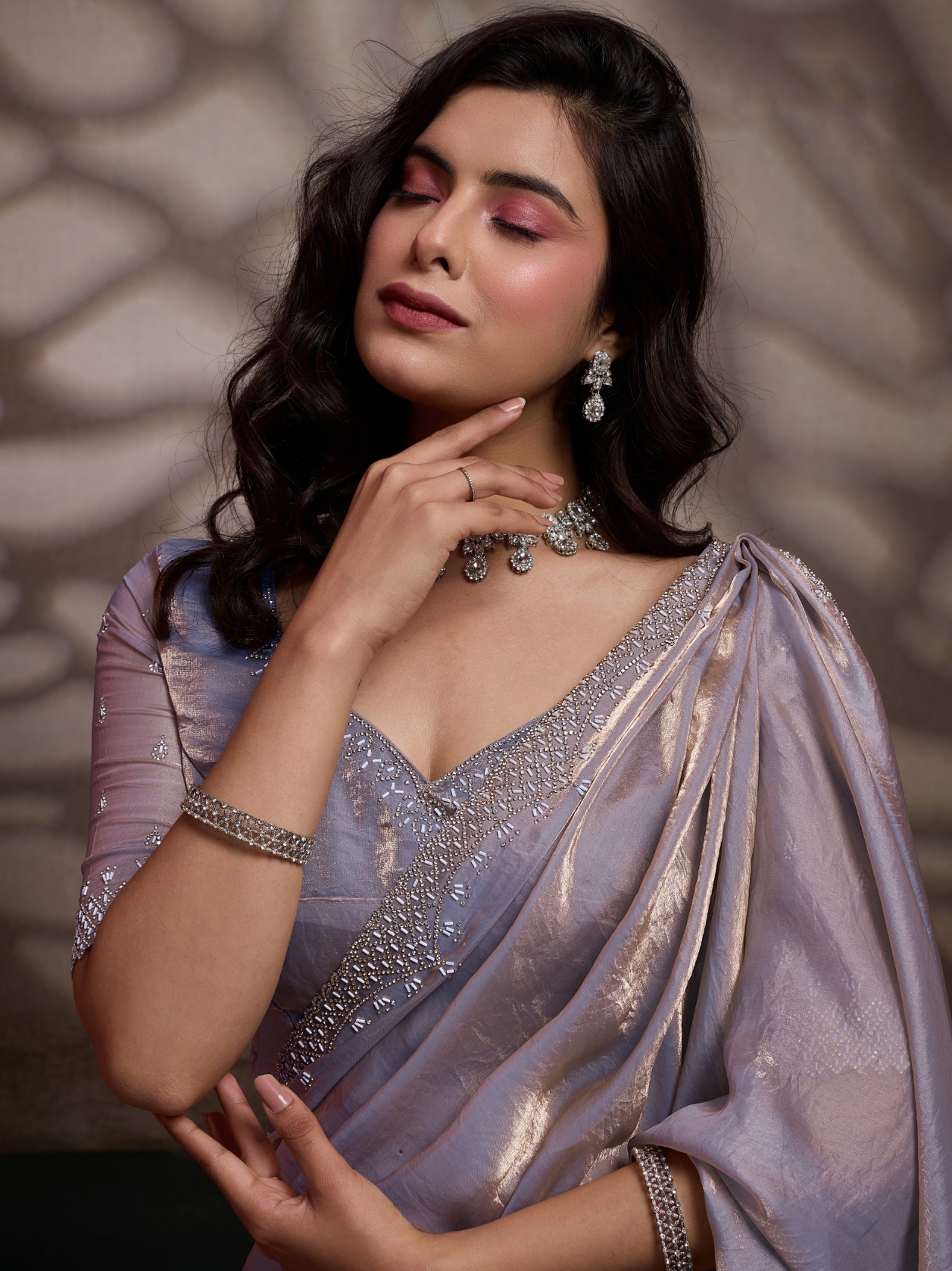 Light Mauve Cutdana Zarkan Velvet Satin Saree