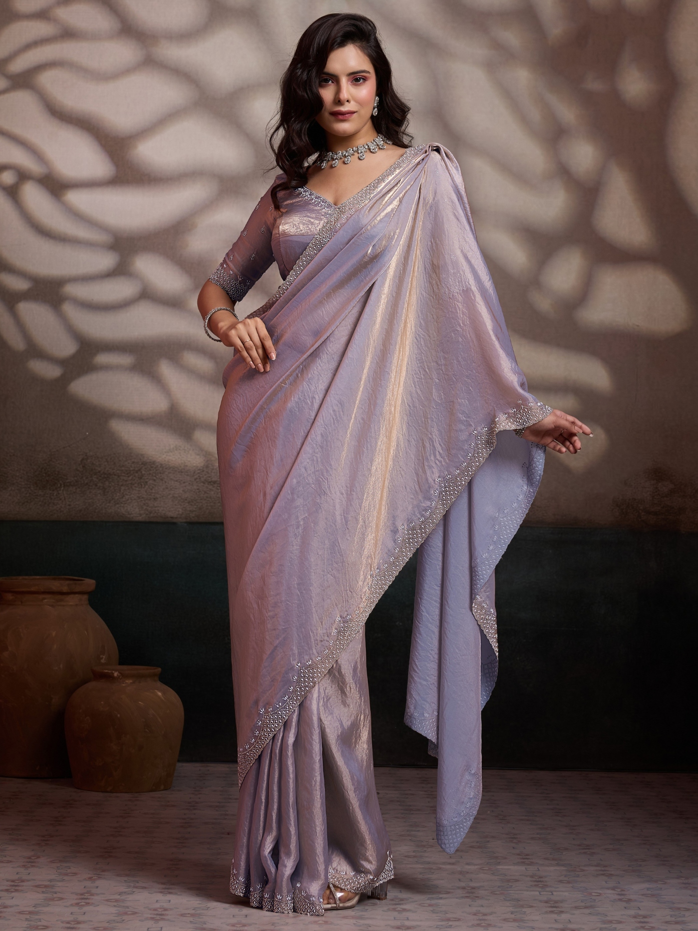 Light Mauve Cutdana Zarkan Velvet Satin Saree