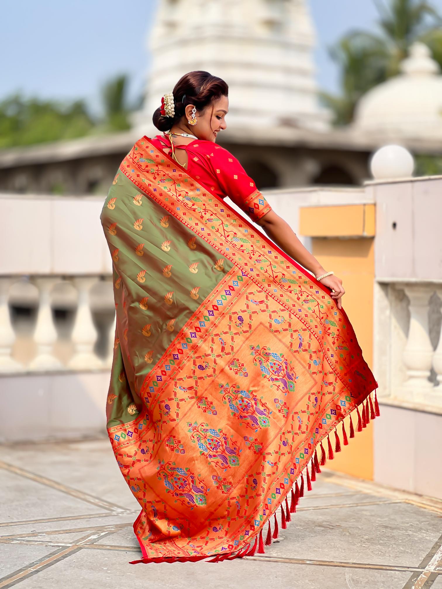 Light Mehendi Paithani Silk Saree — alternate view