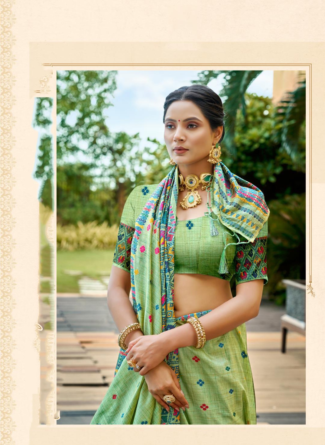 Light Mint Green Woven Designer Assam Silk Saree — alternate view