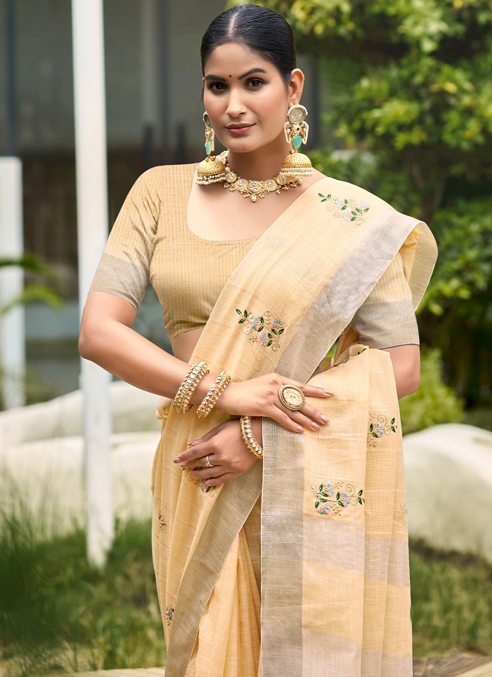 Light Peach Woven Embroidered Linen Saree — alternate view