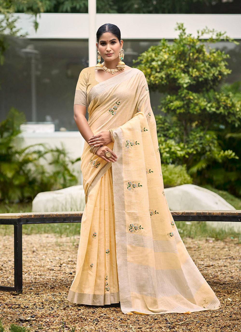 Light Peach Woven Embroidered Linen Saree
