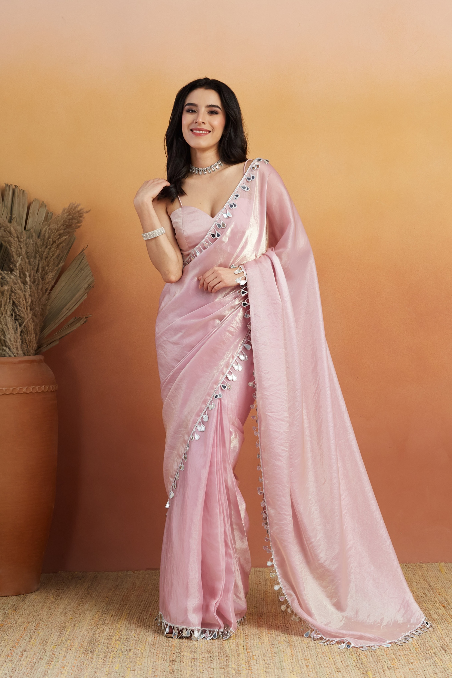 Light Pink Abstract Lace Ready To Wear Saree