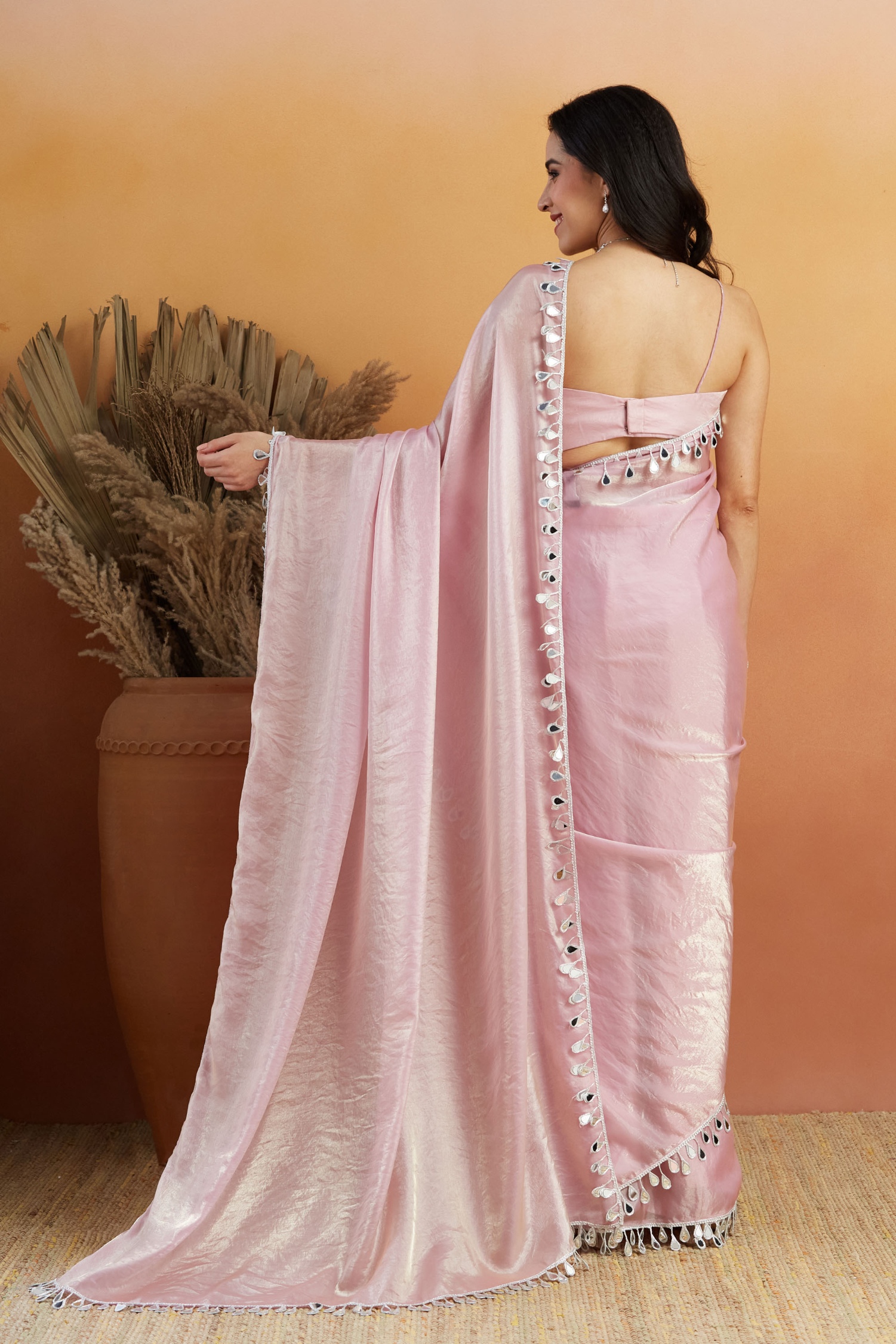 Light Pink Abstract Lace Ready To Wear Saree — alternate view