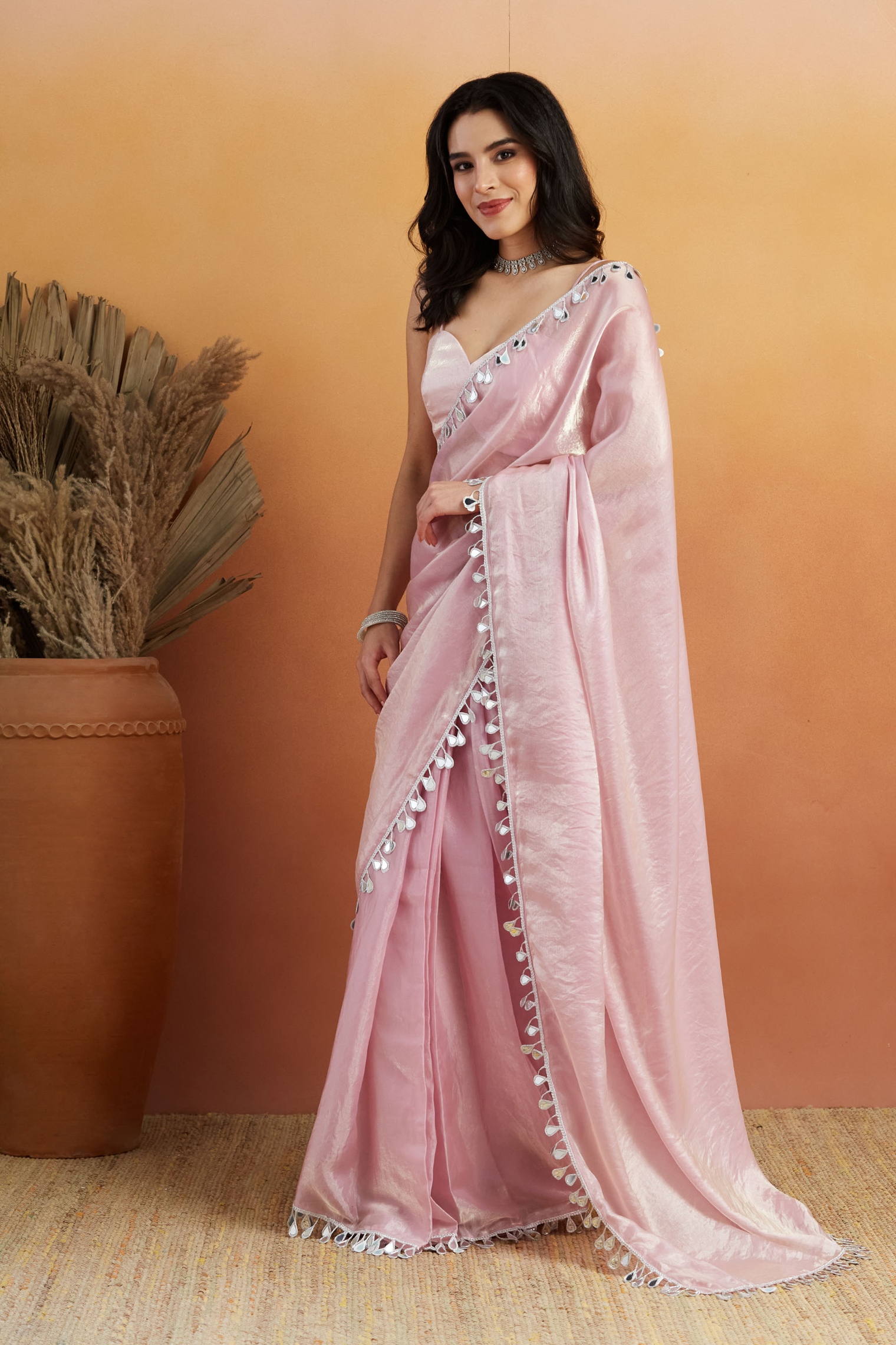 Light Pink Abstract Lace Ready To Wear Saree