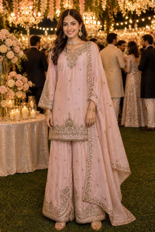 Light Pink Beads Embroidered Chinon Silk Palazzo Suit