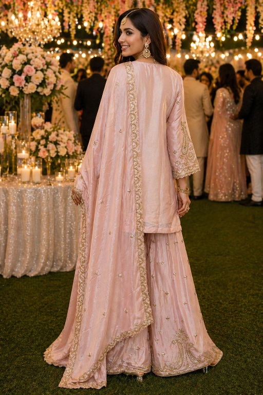 Light Pink Beads Embroidered Chinon Silk Palazzo Suit — alternate view