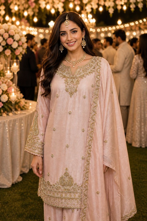 Light Pink Beads Embroidered Chinon Silk Palazzo Suit