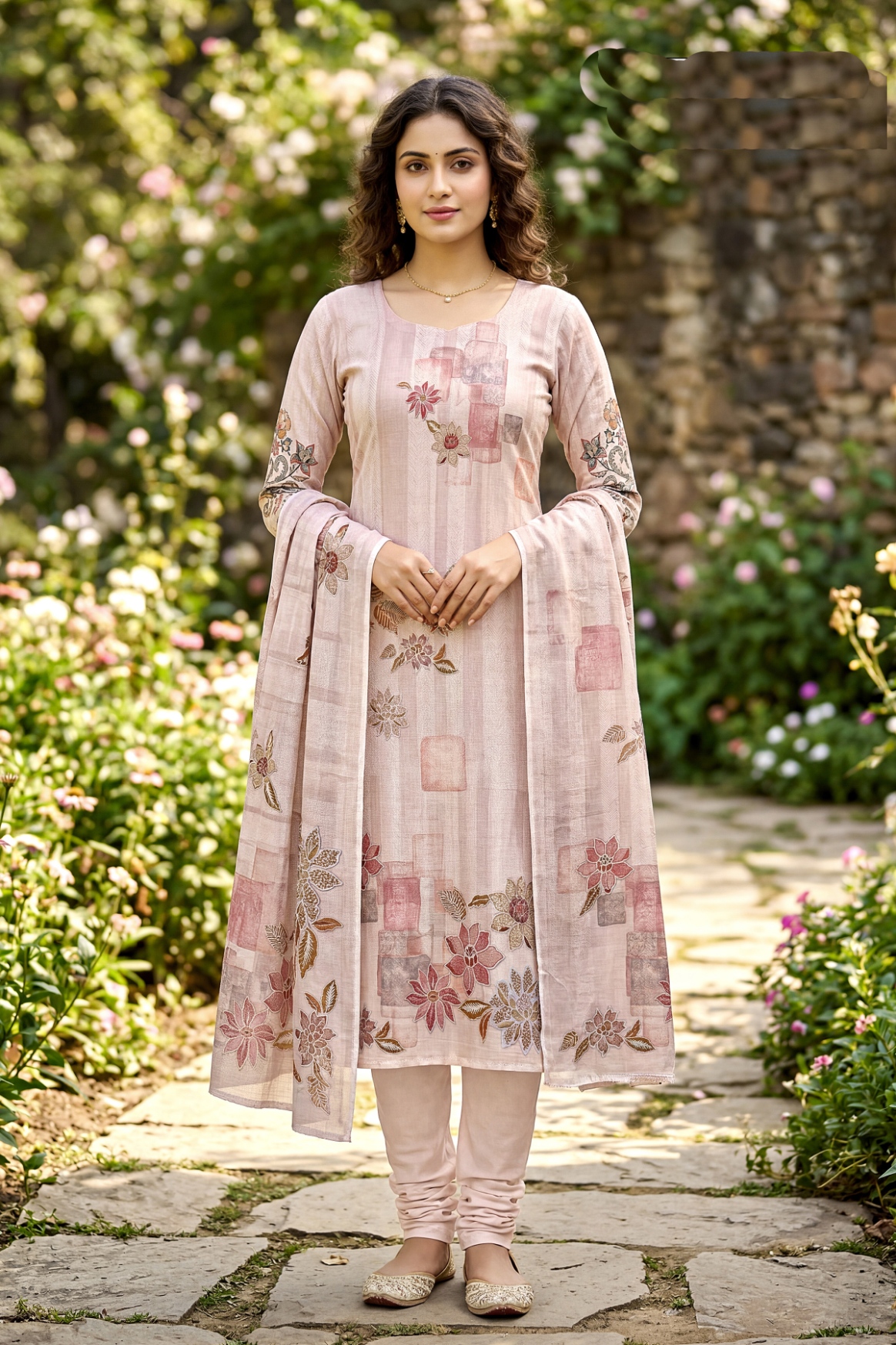 Light Pink Botanical Digital Cambric A-Line Salwar Suit