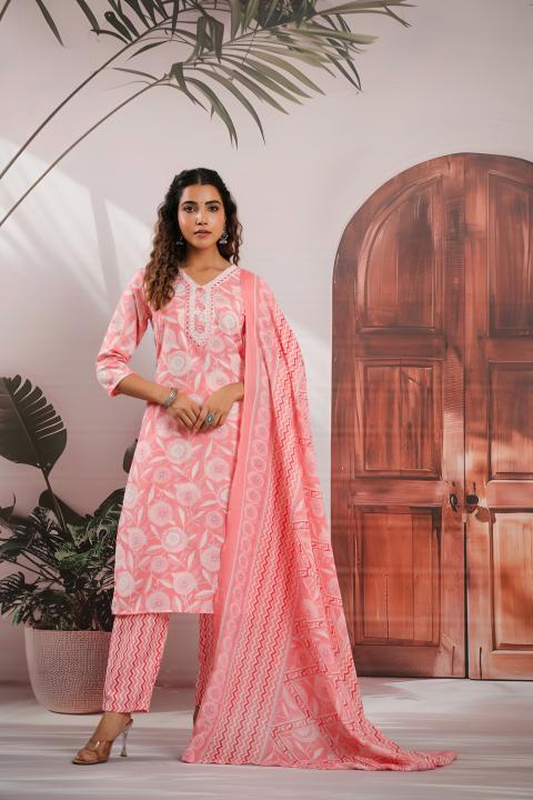 Light Pink Cotton Printed Moti Hand Work Salwar Suit
