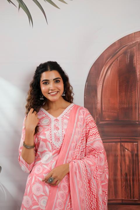 Light Pink Cotton Printed Moti Hand Work Salwar Suit