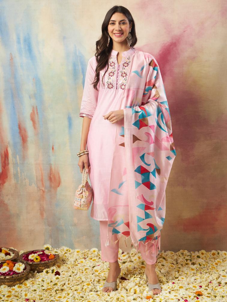 Light Pink Embroidered Chanderi Modal Readymade Suit