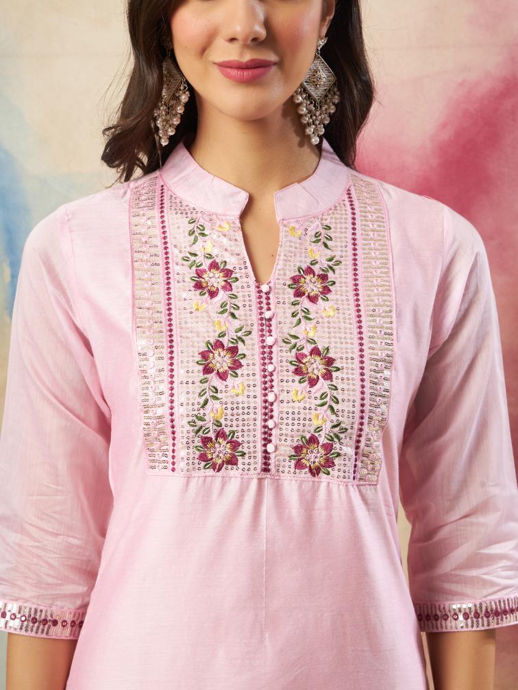 Light Pink Embroidered Chanderi Modal Readymade Suit
