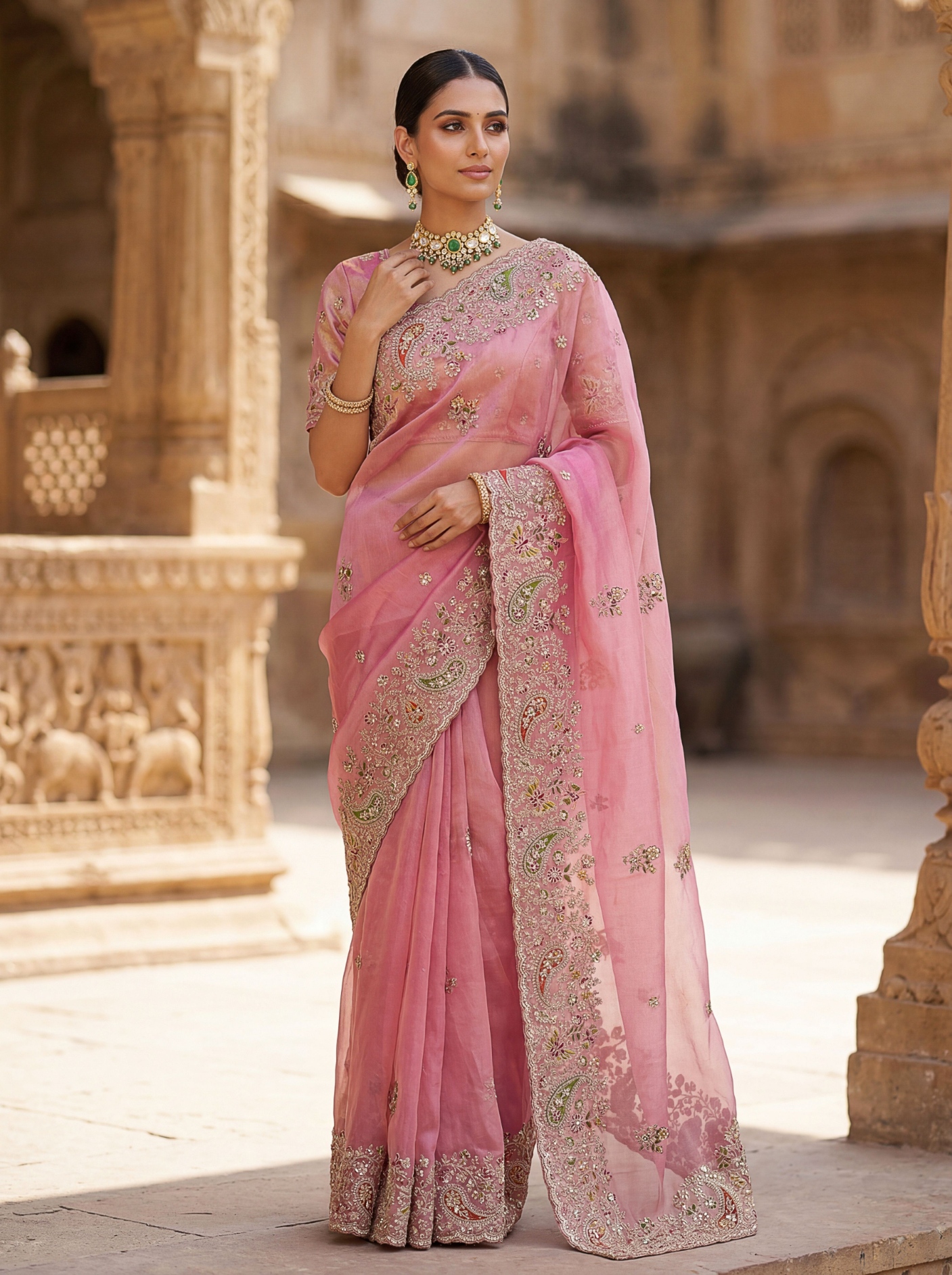 Light Pink Ethnic Motif Embroidered Gabana Silk Saree