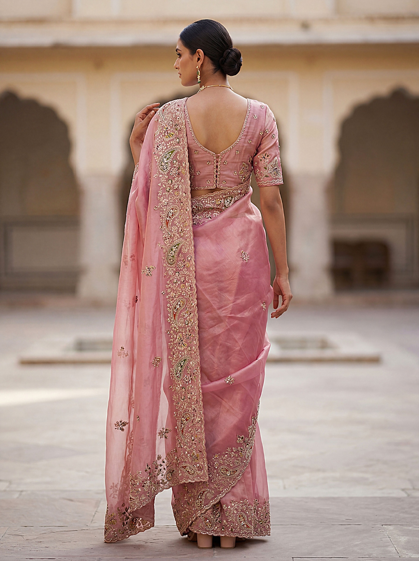 Light Pink Ethnic Motif Embroidered Gabana Silk Saree — alternate view