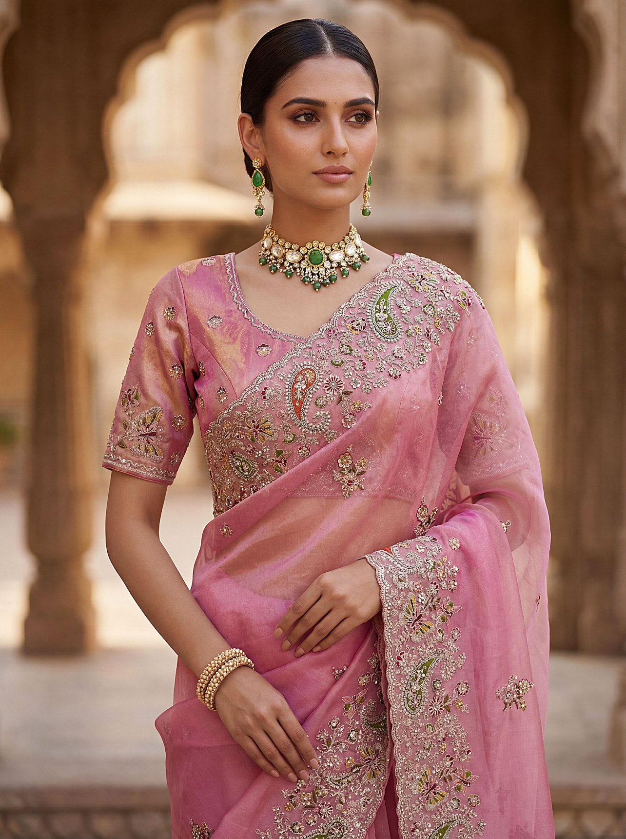Light Pink Ethnic Motif Embroidered Gabana Silk Saree