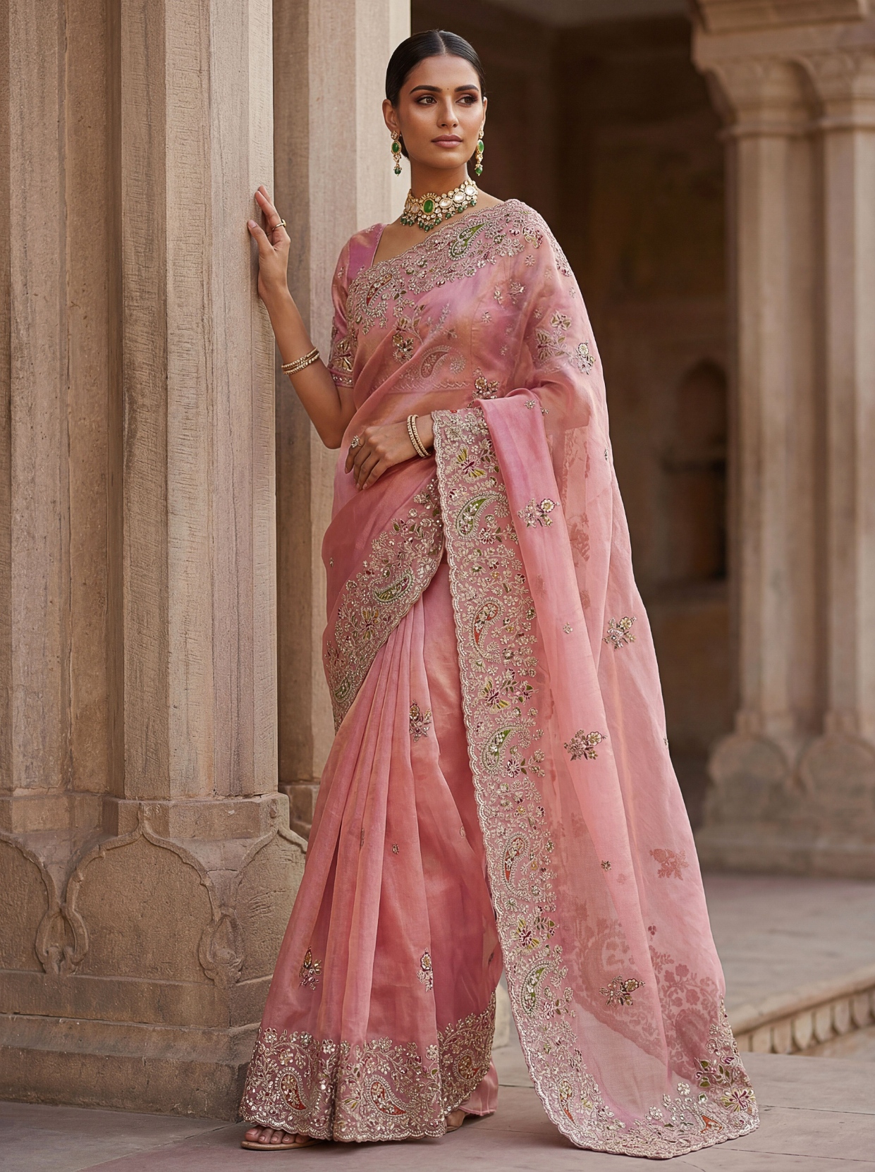 Light Pink Ethnic Motif Embroidered Gabana Silk Saree