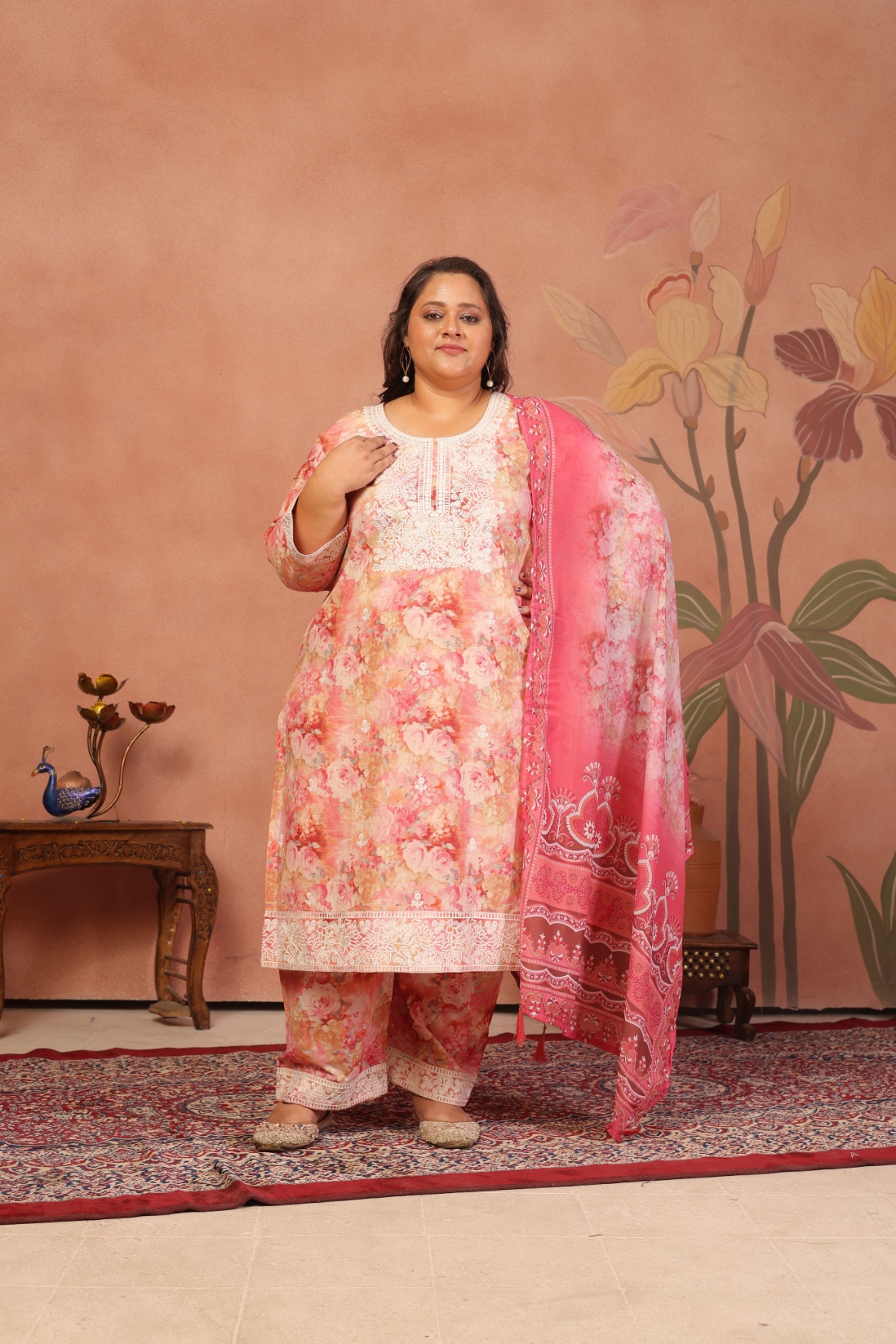 Light Pink Floral Cambric Cotton Straight Suit