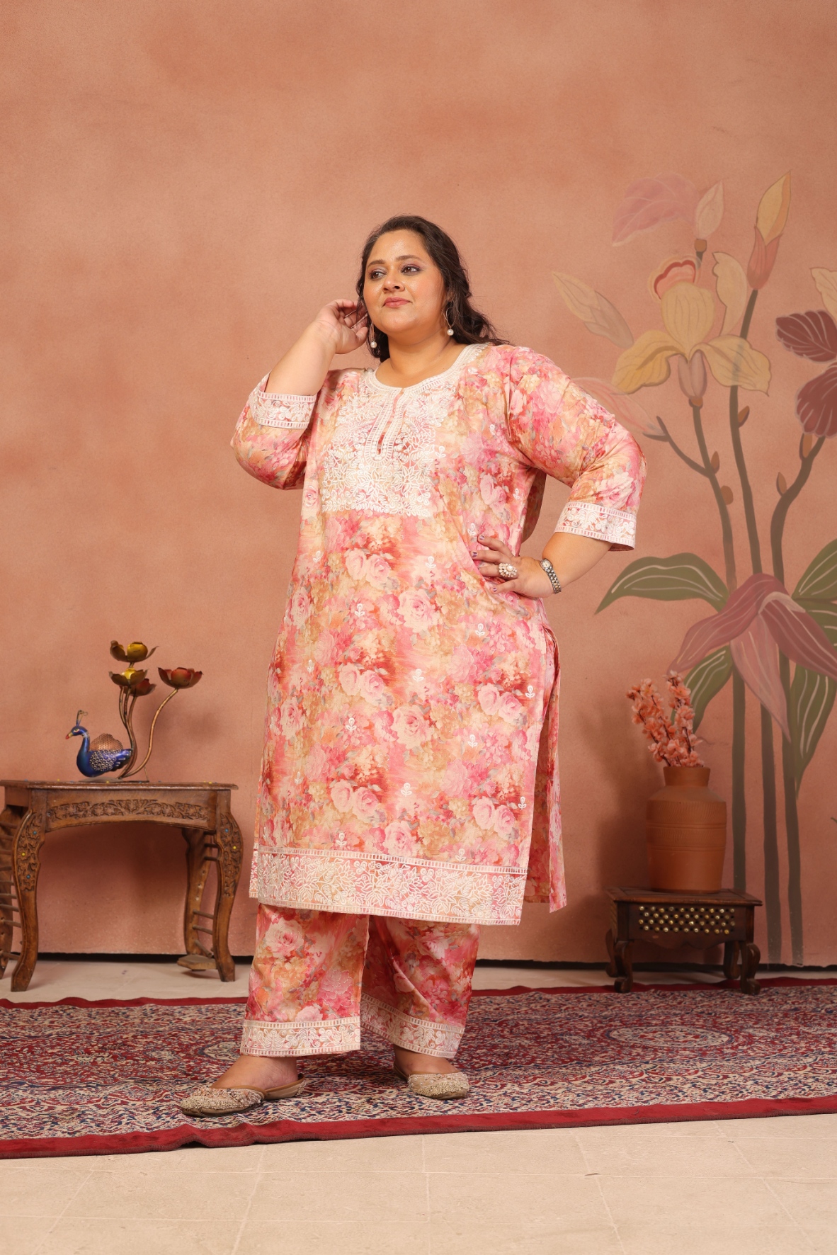 Light Pink Floral Cambric Cotton Straight Suit