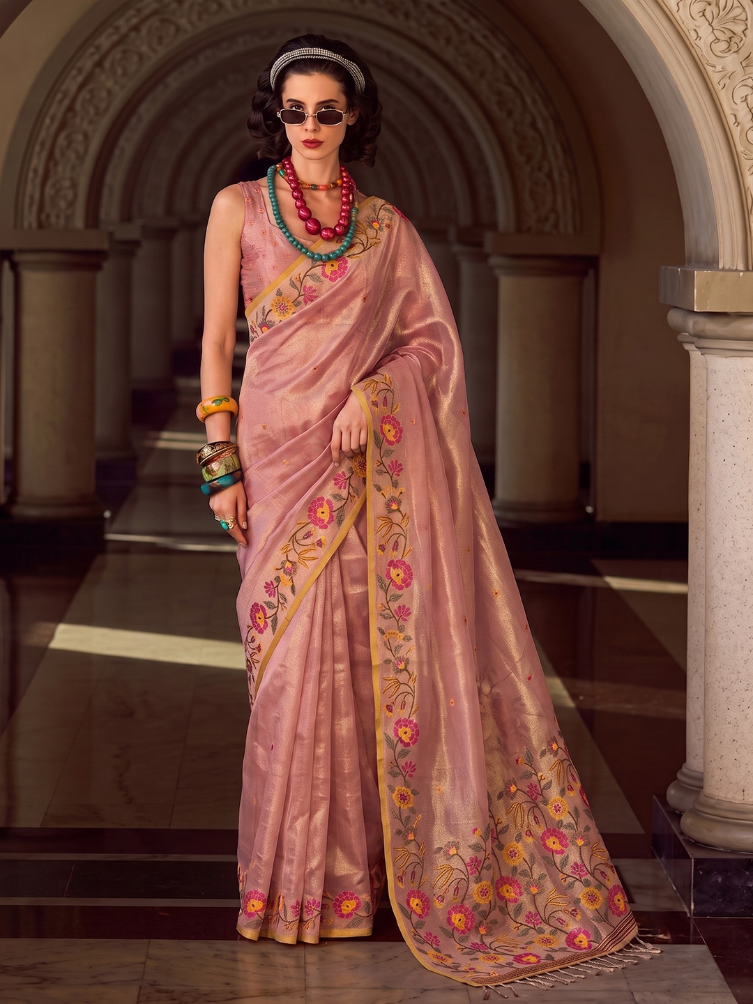 Light Pink Floral Designer Multithread Embroidery Tissue Silk Saree