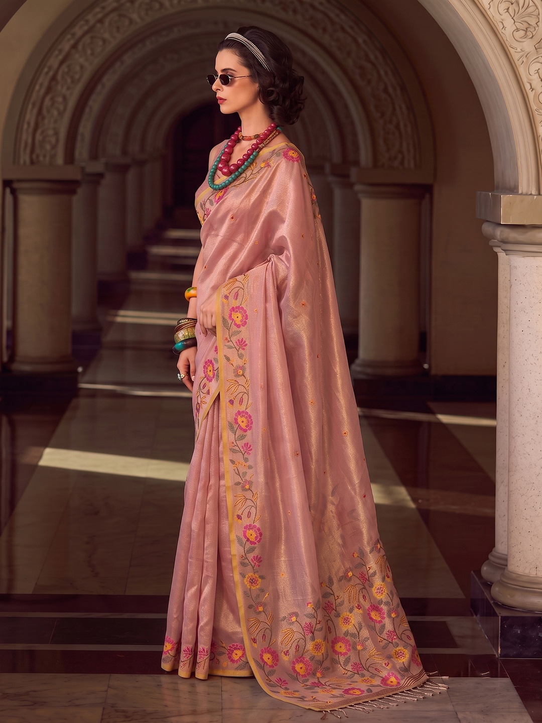 Light Pink Floral Designer Multithread Embroidery Tissue Silk Saree