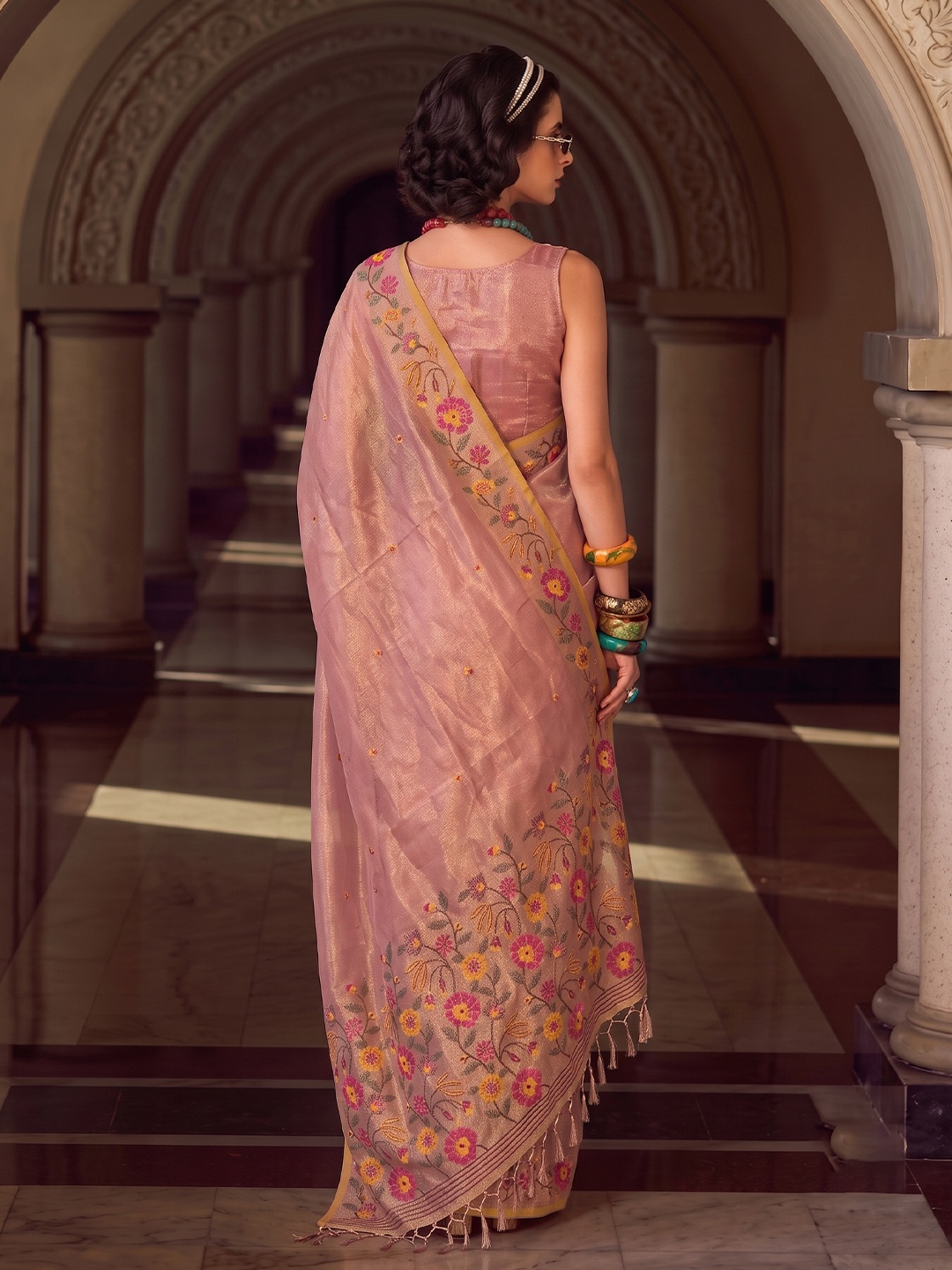 Light Pink Floral Designer Multithread Embroidery Tissue Silk Saree