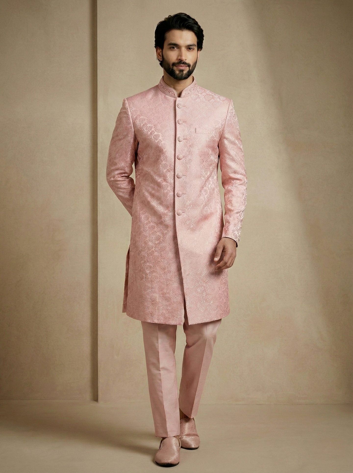 Light Pink Floral Donier Jacquard Indo-Western Sherwani