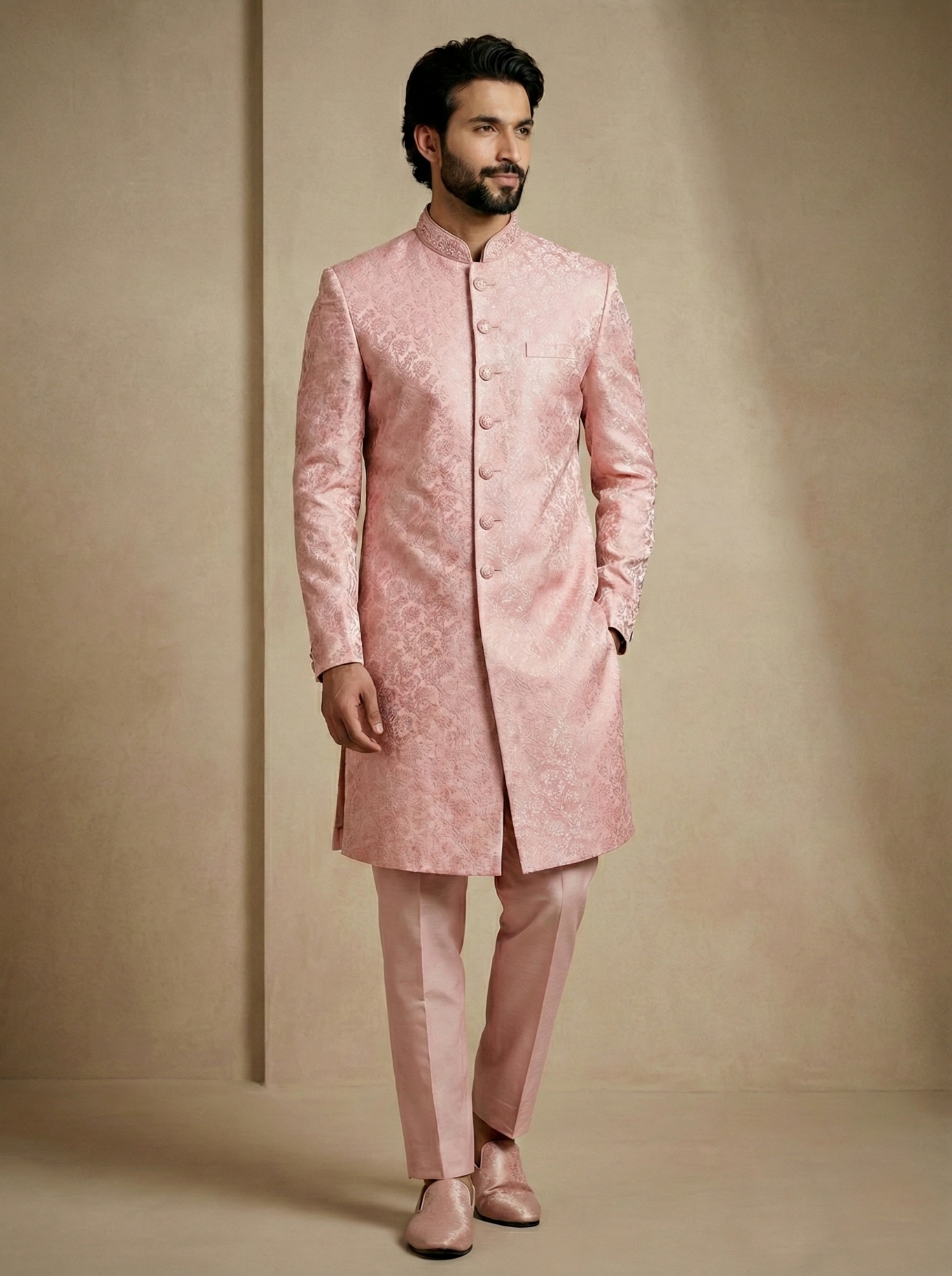 Light Pink Floral Donier Jacquard Indo-Western Sherwani — alternate view