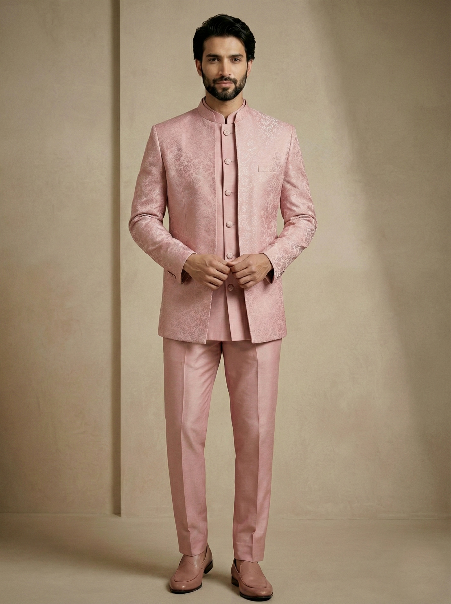 Light Pink Floral Donier Jacquard Indo-Western Sherwani