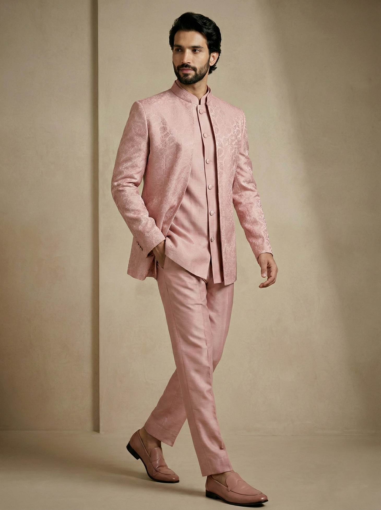 Light Pink Floral Donier Jacquard Indo-Western Sherwani — alternate view