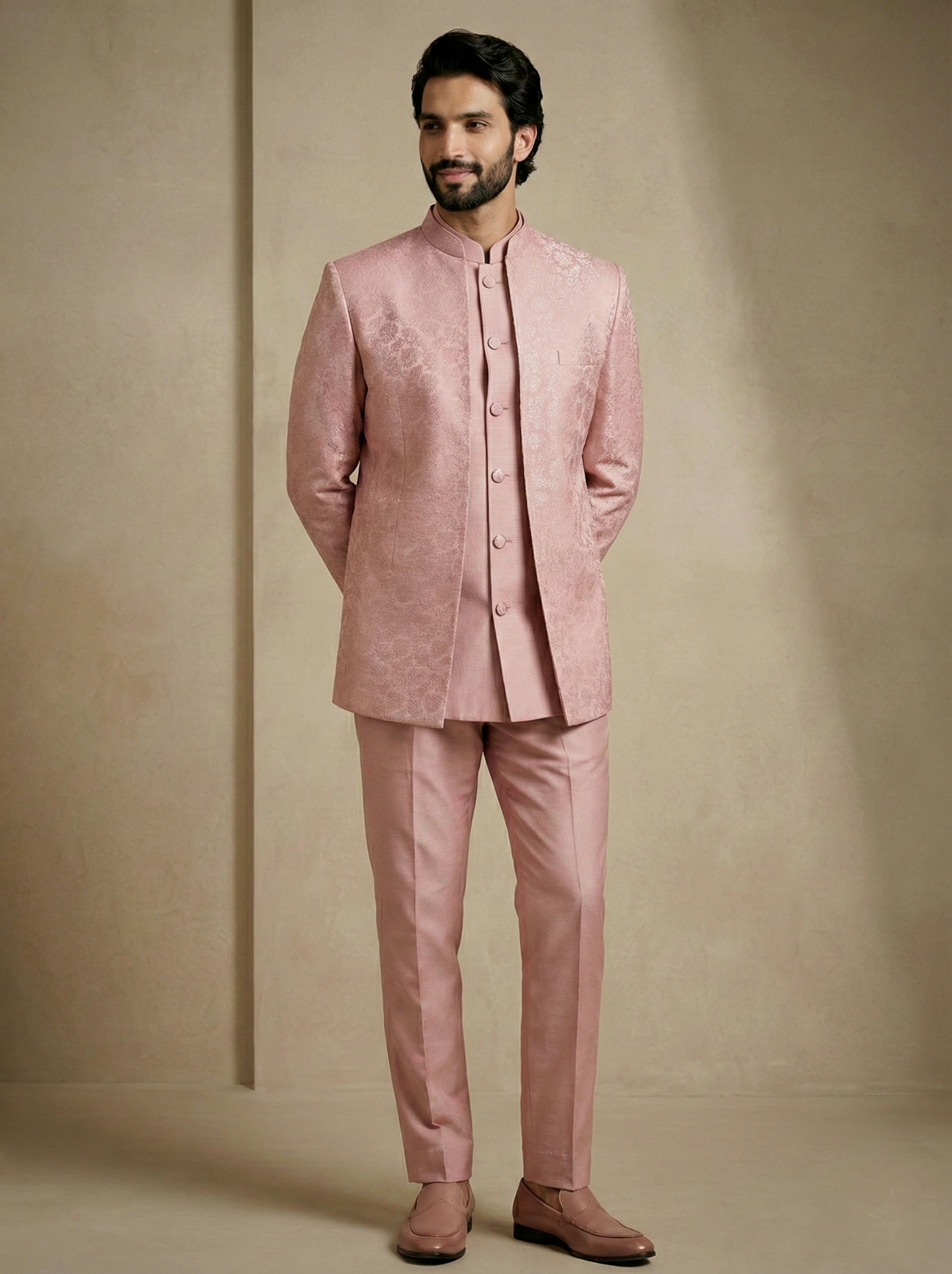 Light Pink Floral Donier Jacquard Indo-Western Sherwani