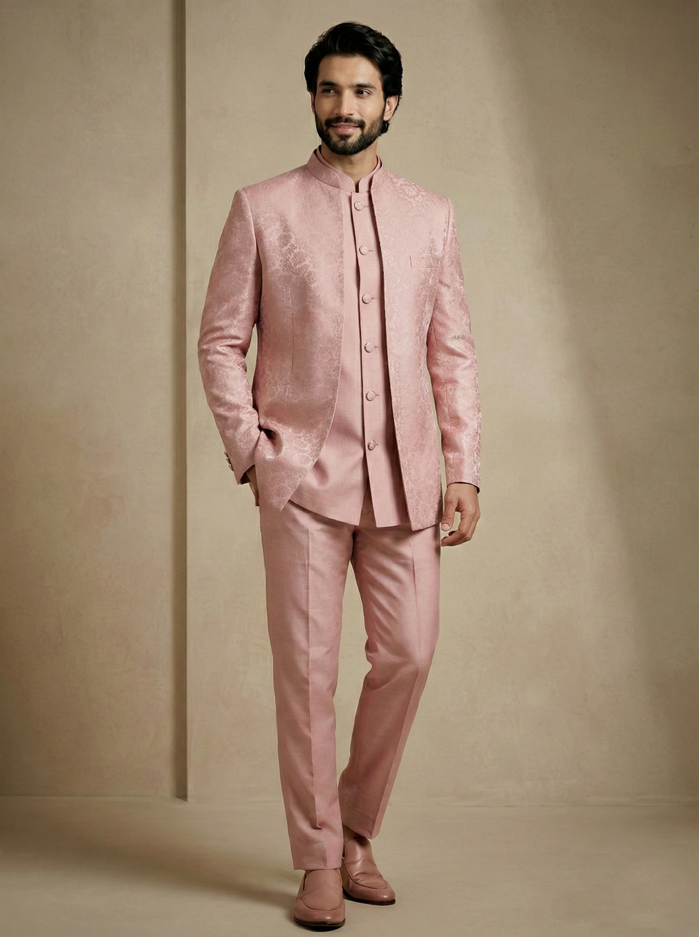 Light Pink Floral Donier Jacquard Indo-Western Sherwani