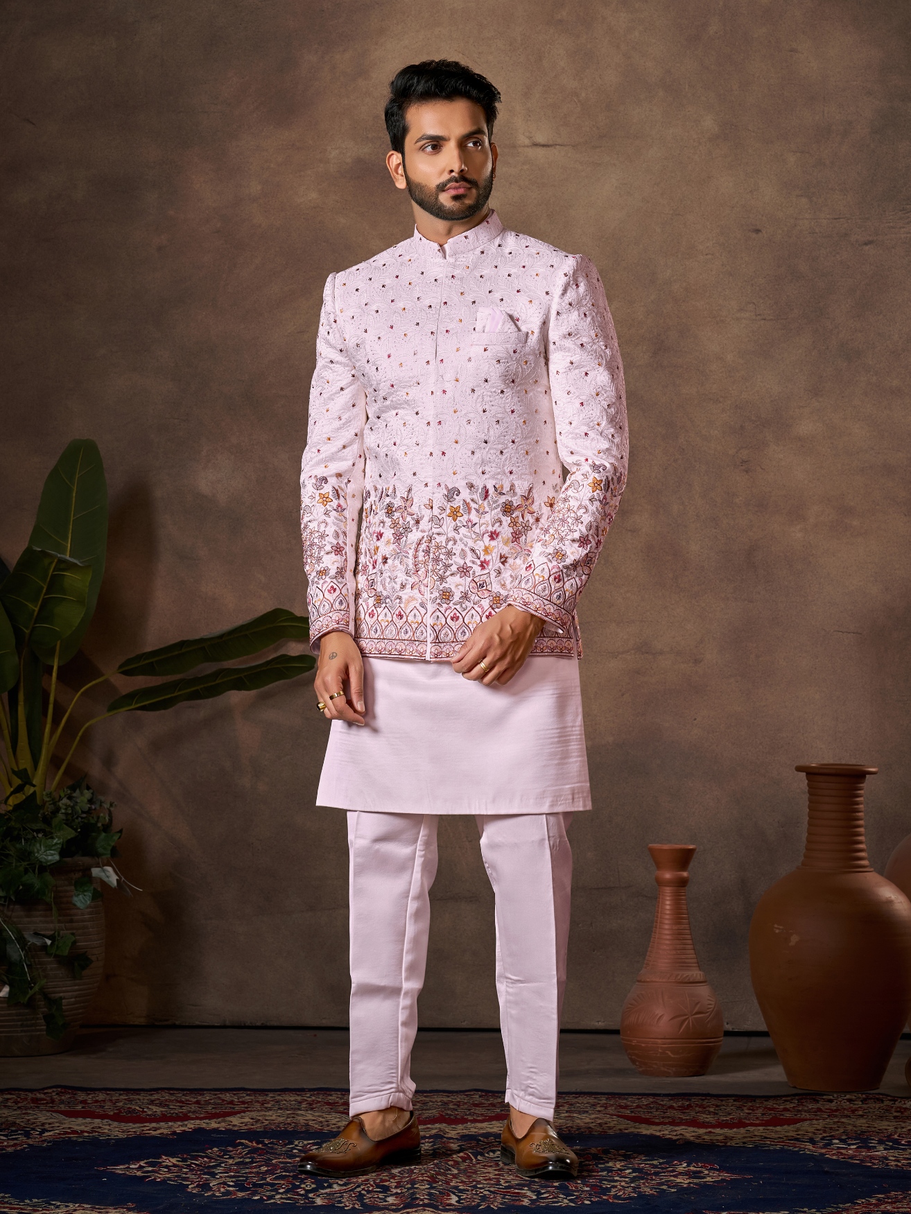 Light Pink Floral Embroidery Silk Indo-Western Sherwani