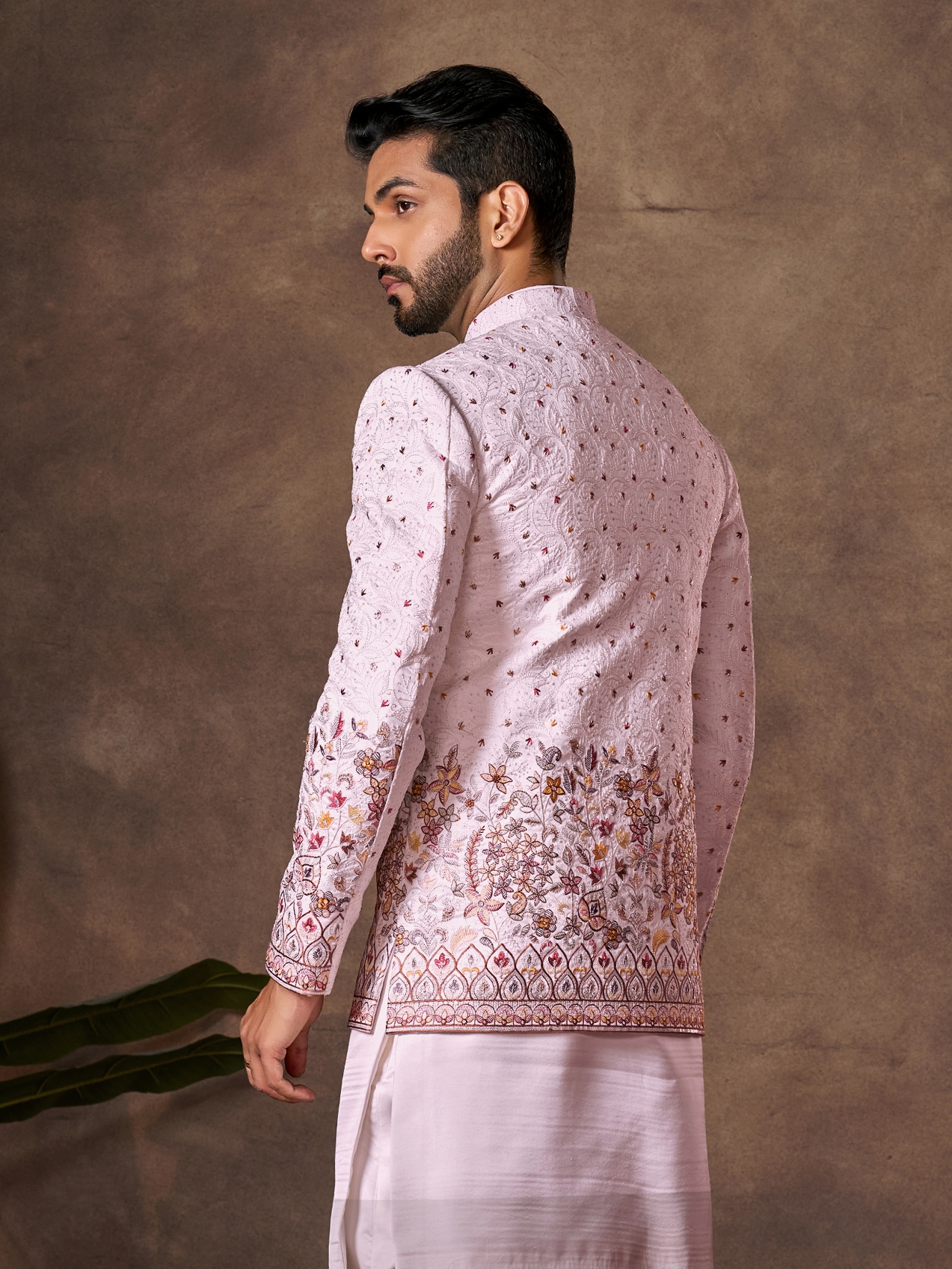 Light Pink Floral Embroidery Silk Indo-Western Sherwani — alternate view