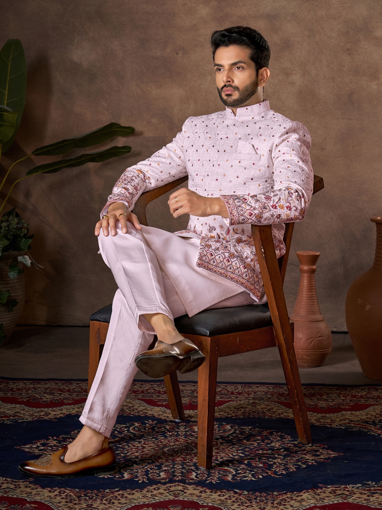 Light Pink Floral Embroidery Silk Indo-Western Sherwani