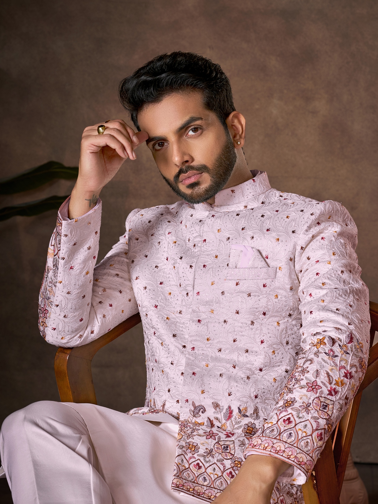 Light Pink Floral Embroidery Silk Indo-Western Sherwani