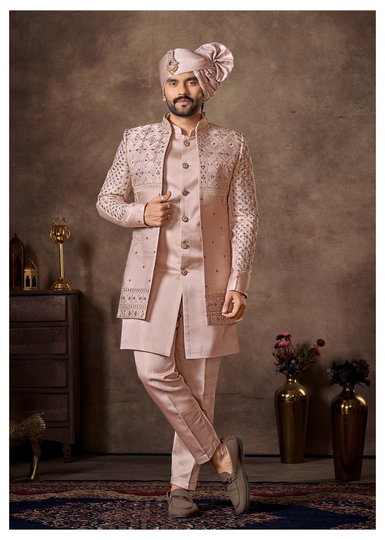 Light Pink Geometric Embroidery Silk Indo-Western Sherwani