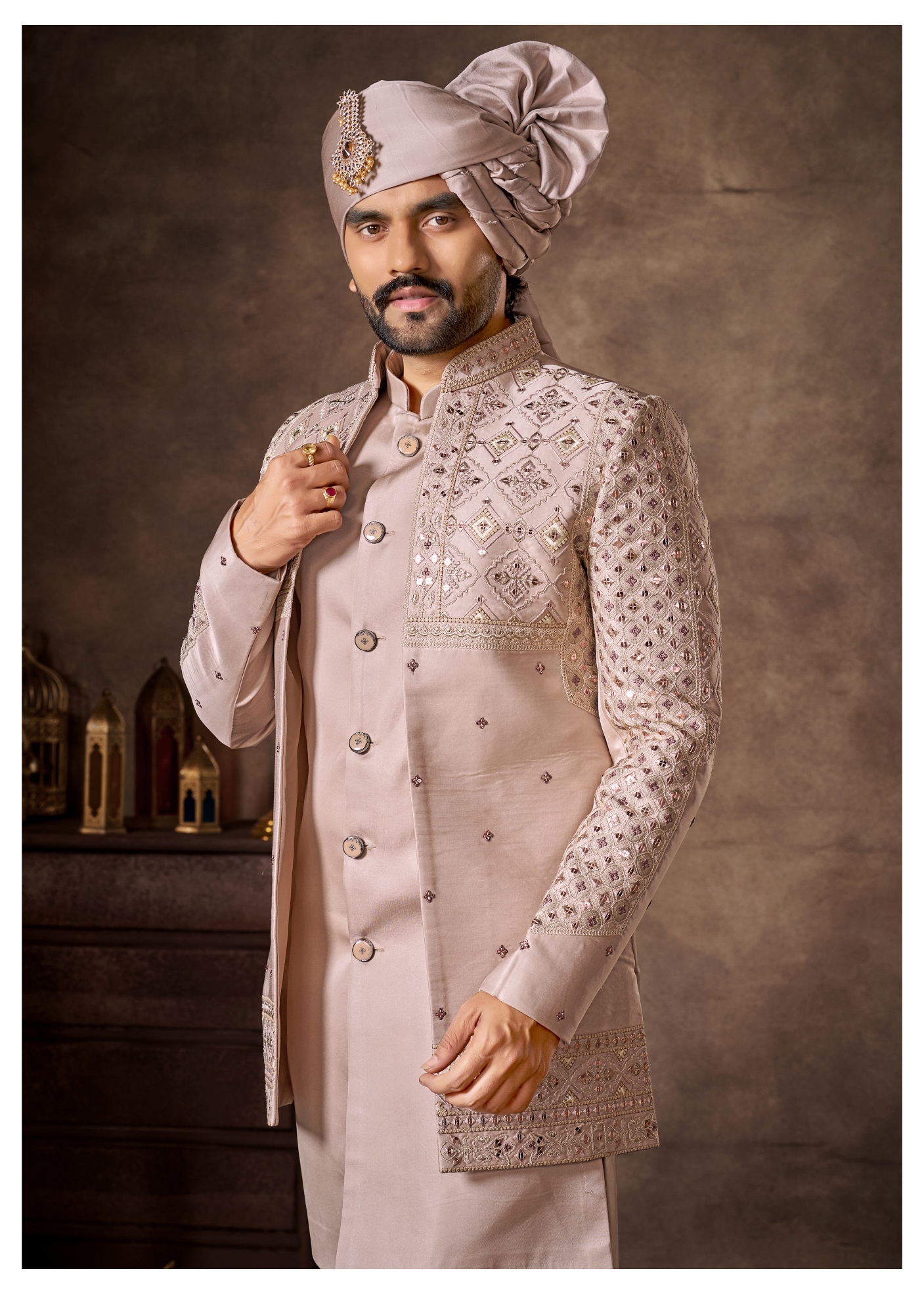 Light Pink Geometric Embroidery Silk Indo-Western Sherwani — alternate view