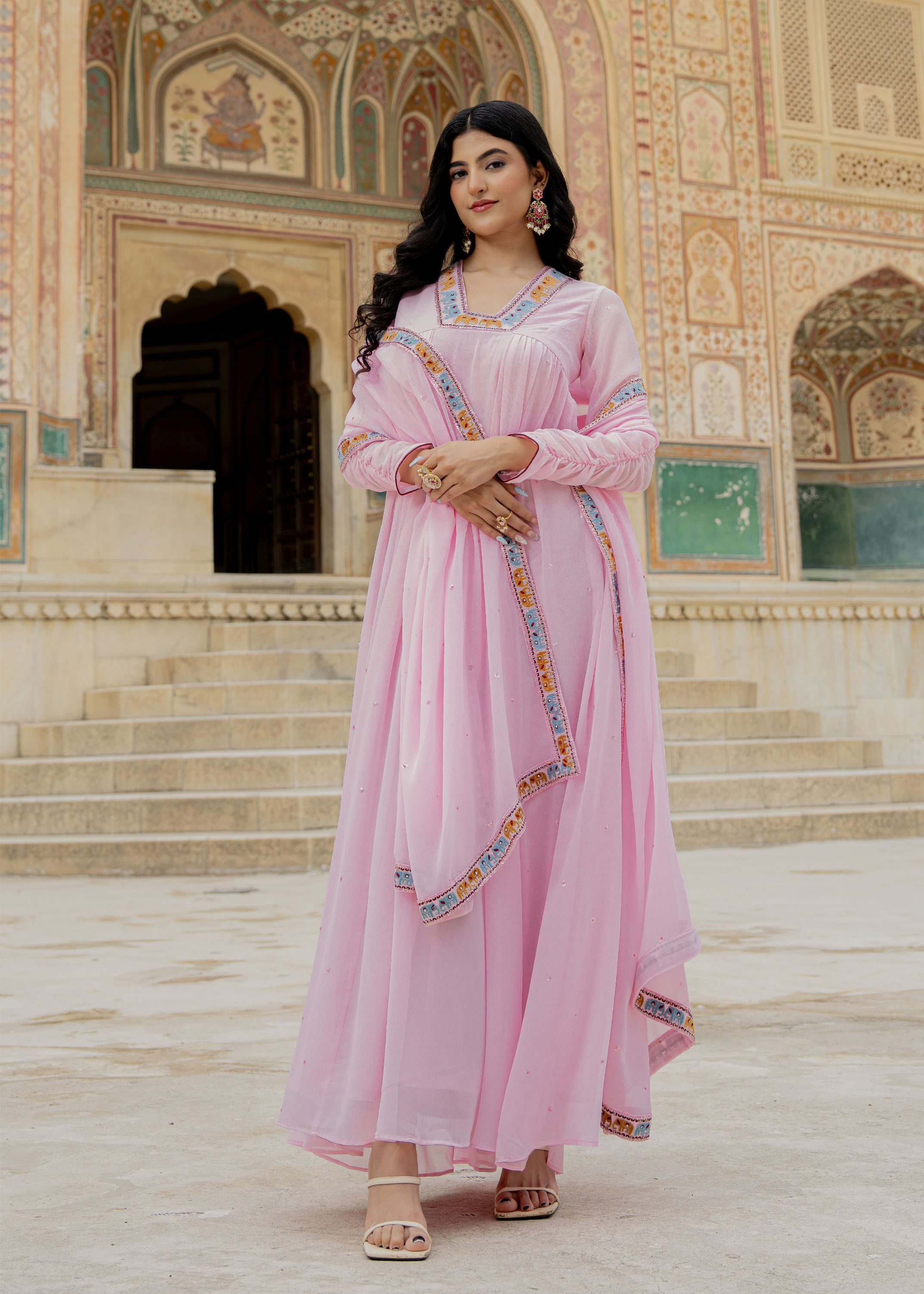 Light Pink Georgette Embroidered Gown