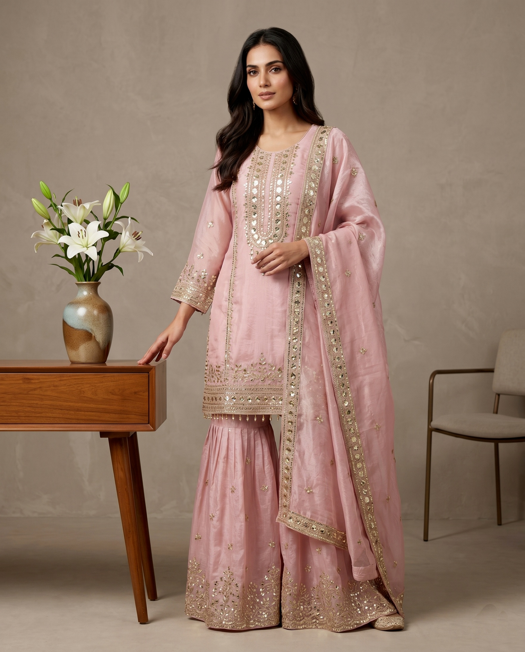 Light Pink Jaal Pure Fendy Silk Sharara Suit