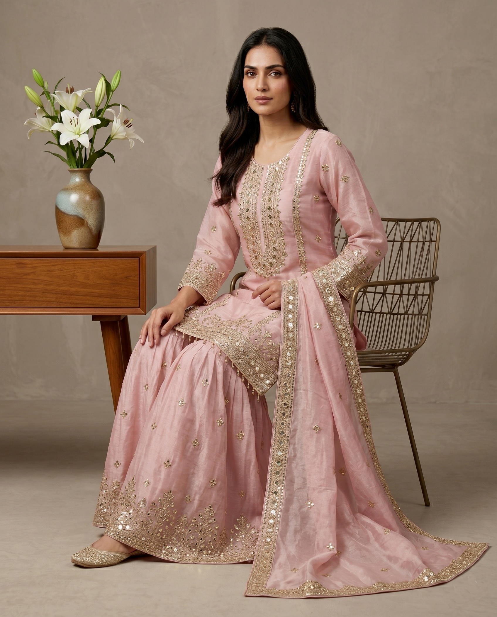 Light Pink Jaal Pure Fendy Silk Sharara Suit — alternate view