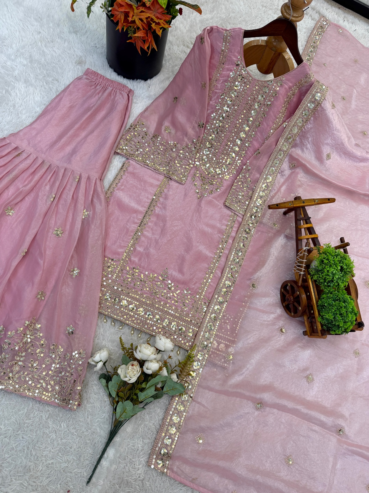 Light Pink Jaal Pure Fendy Silk Sharara Suit