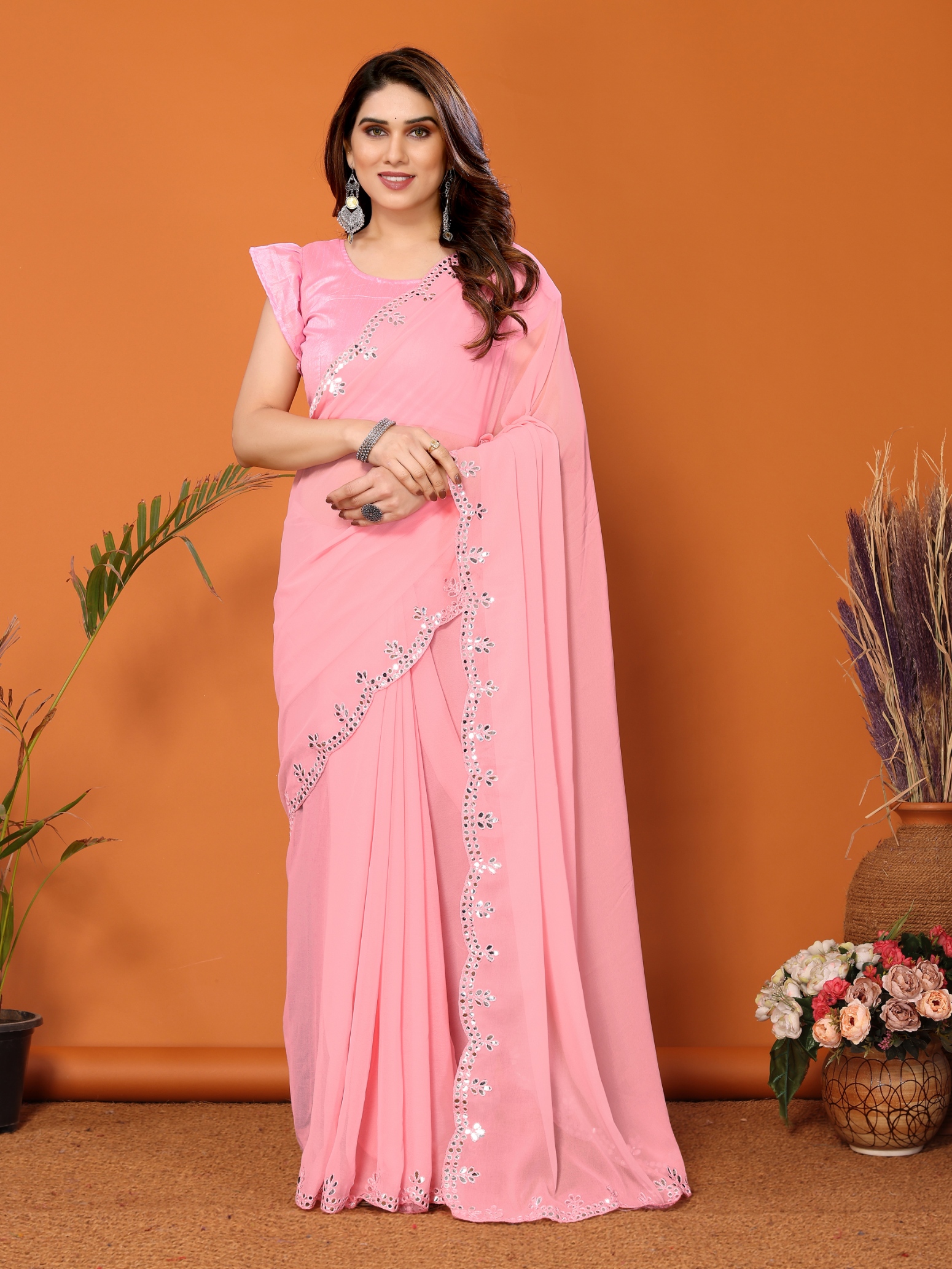 Light Pink Mirror Work Georgette Saree