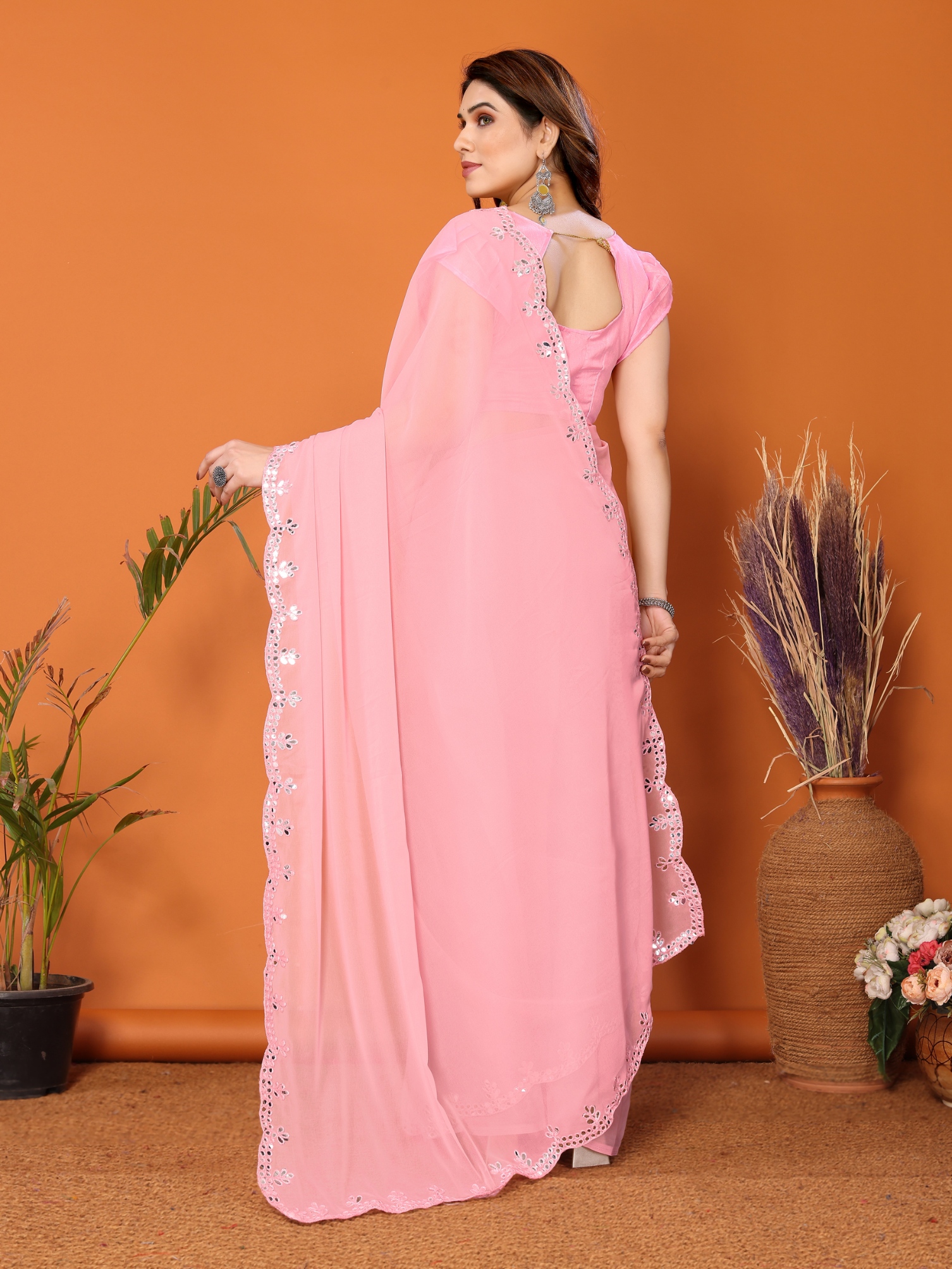 Light Pink Mirror Work Georgette Saree — alternate view