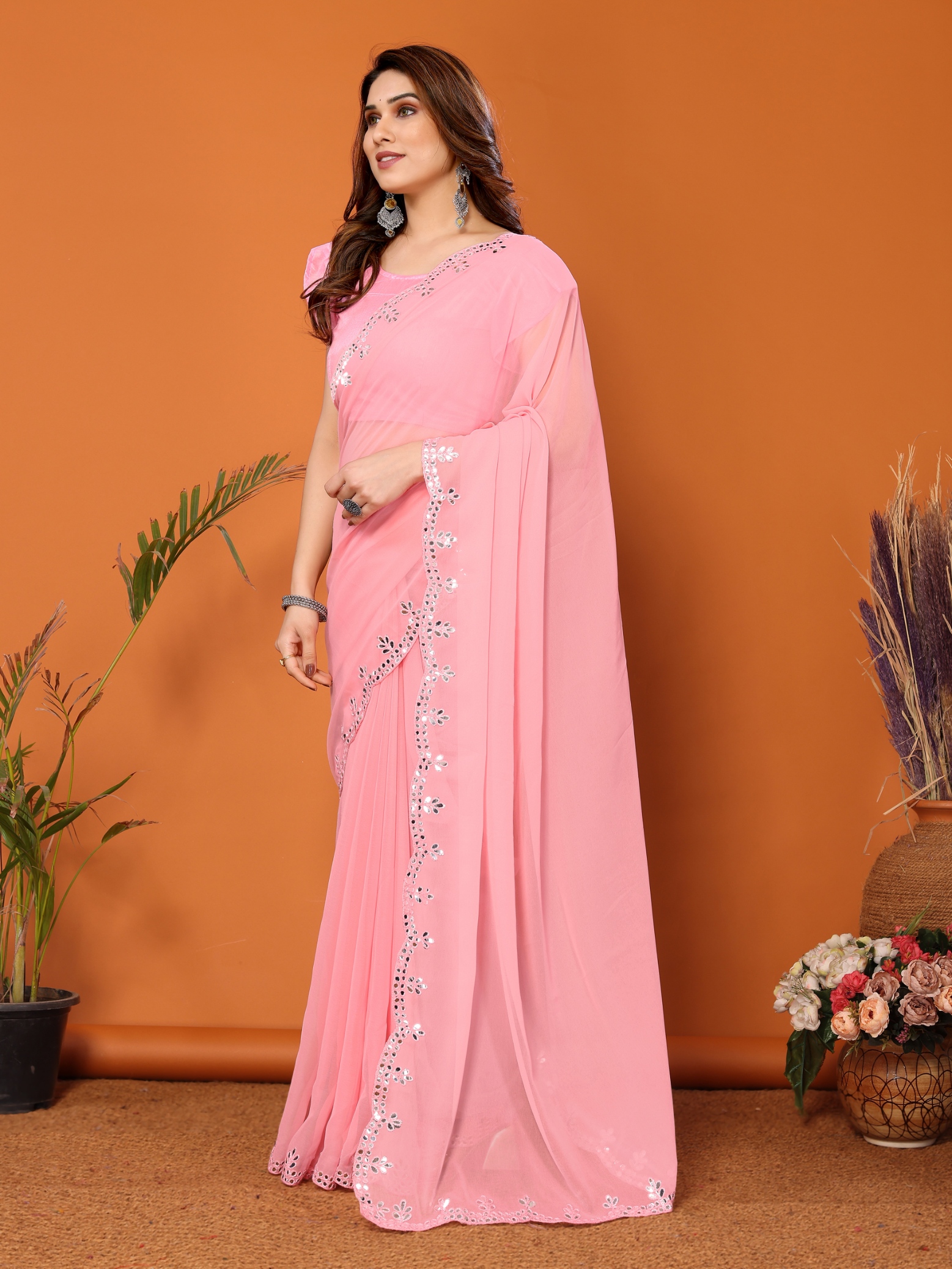 Light Pink Mirror Work Georgette Saree
