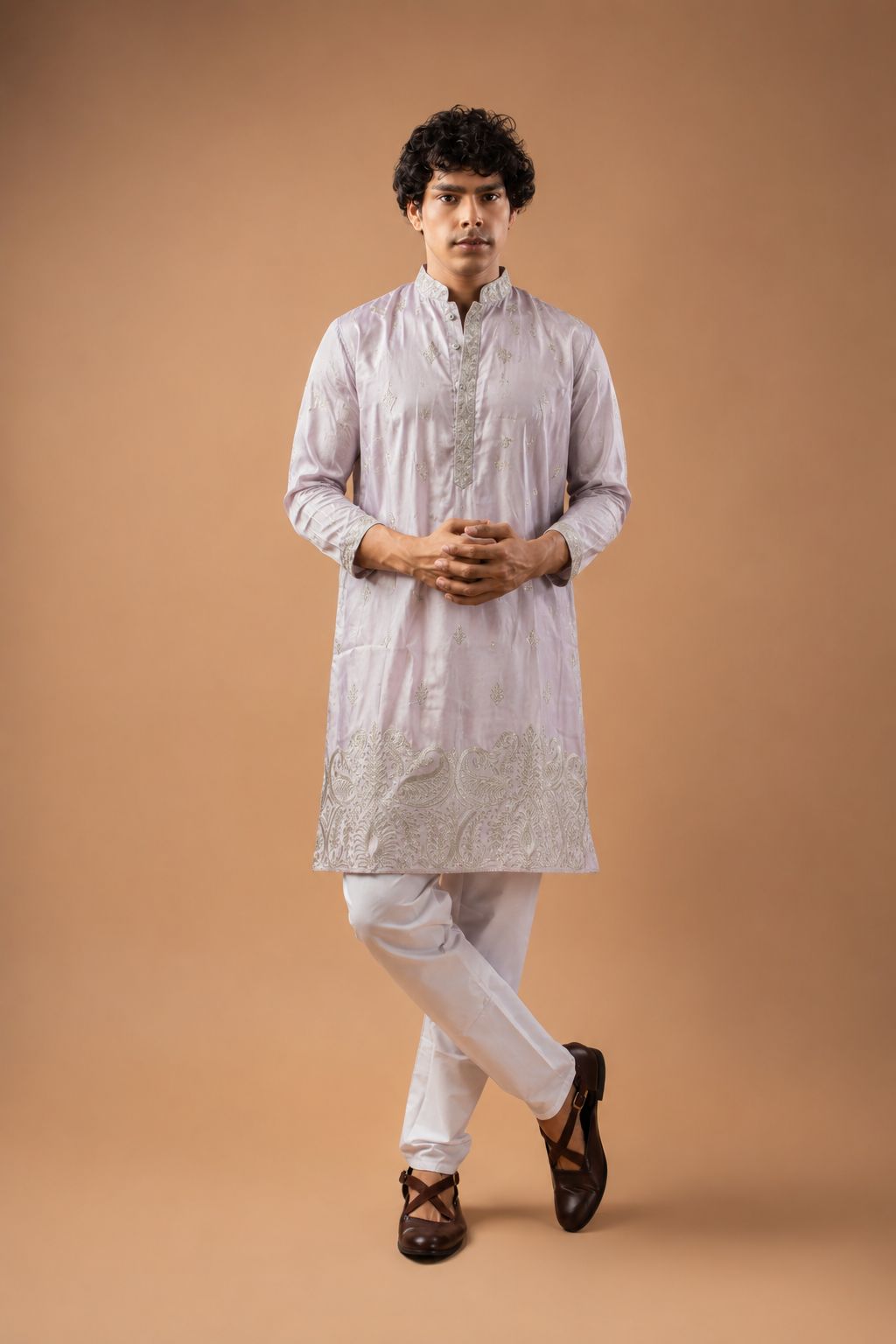 Light Pink Paisley Embroidery Viscose Silk Kurta Set