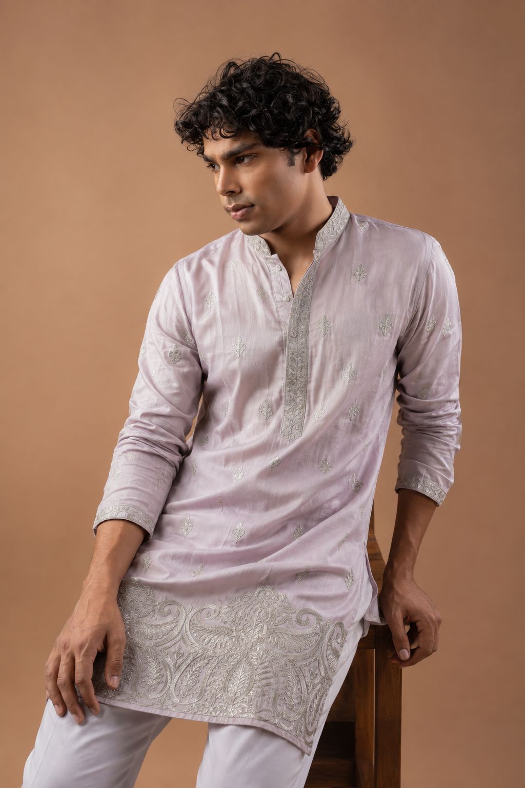 Light Pink Paisley Embroidery Viscose Silk Kurta Set