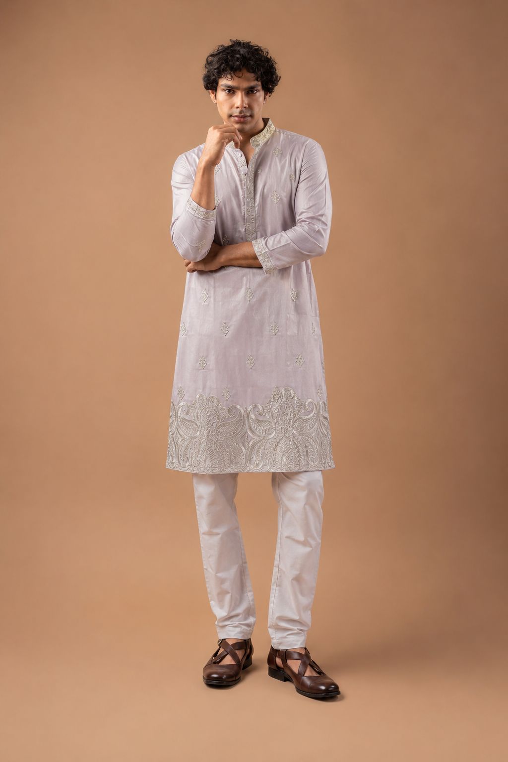 Light Pink Paisley Embroidery Viscose Silk Kurta Set