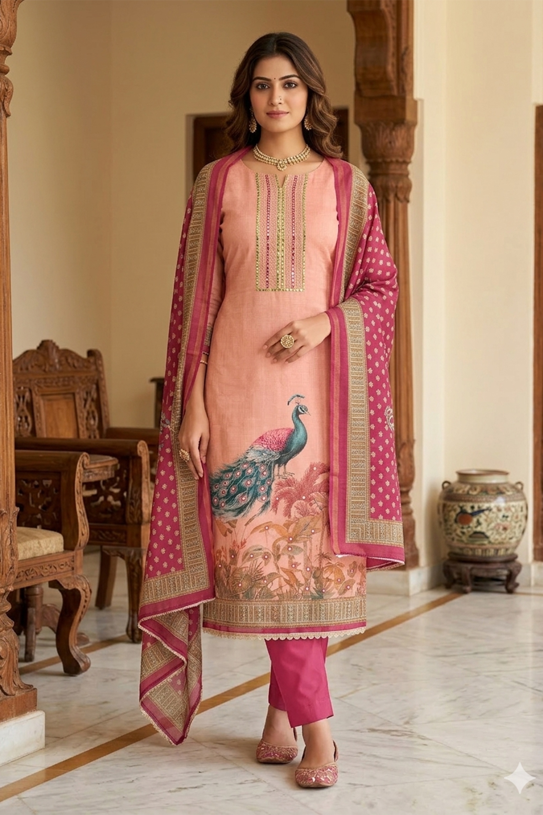 Light Pink Printed Linen Cotton Salwar Suit
